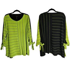 Ali Miles Tunic Top Sz XL Lime Green Black Striped Crinkle Tie Sleeves Artsy
